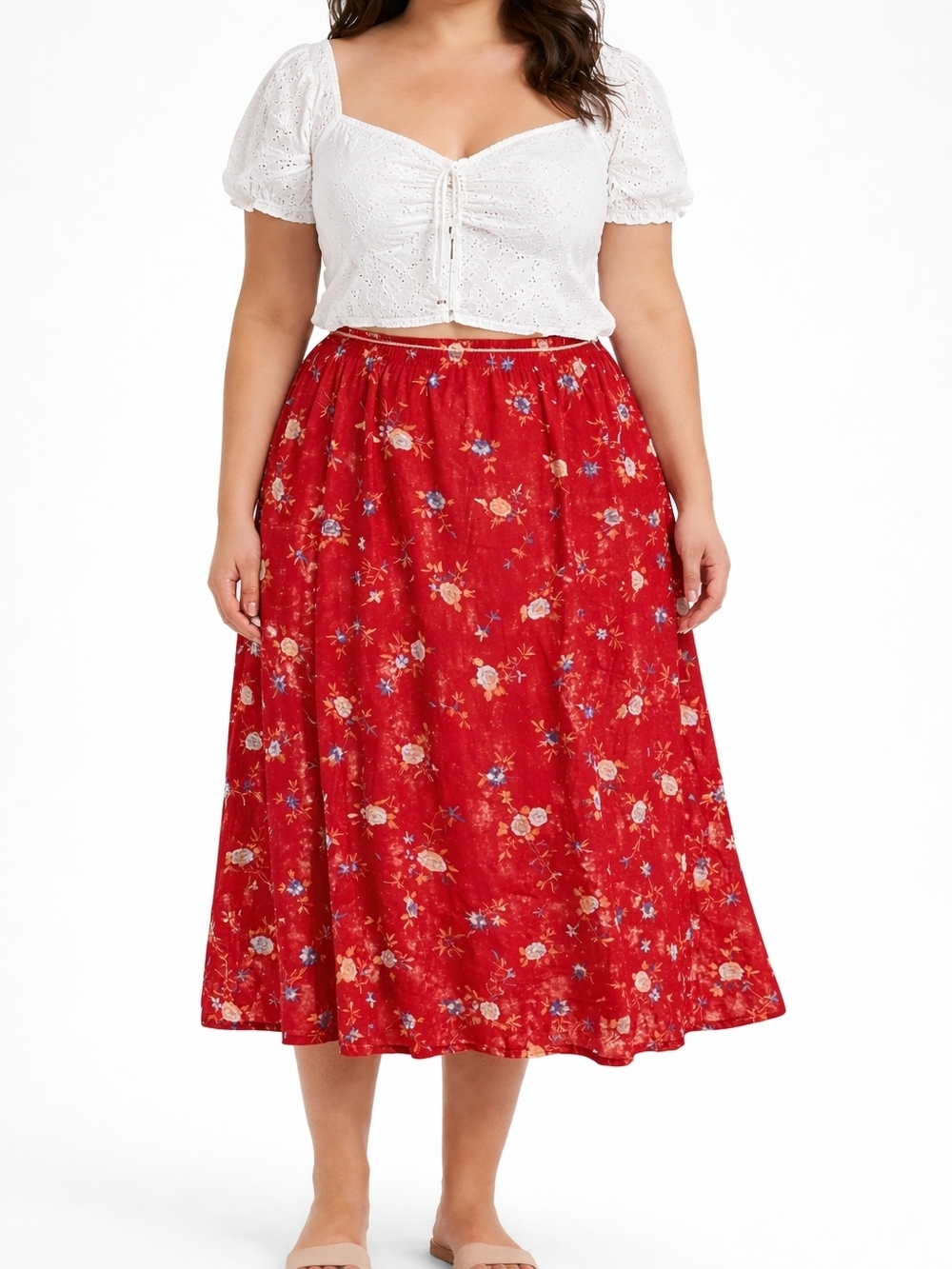 Vintage 80s Red Floral Midi Skirt L Elastic Waist USA Cottagecore Prairie A-Line